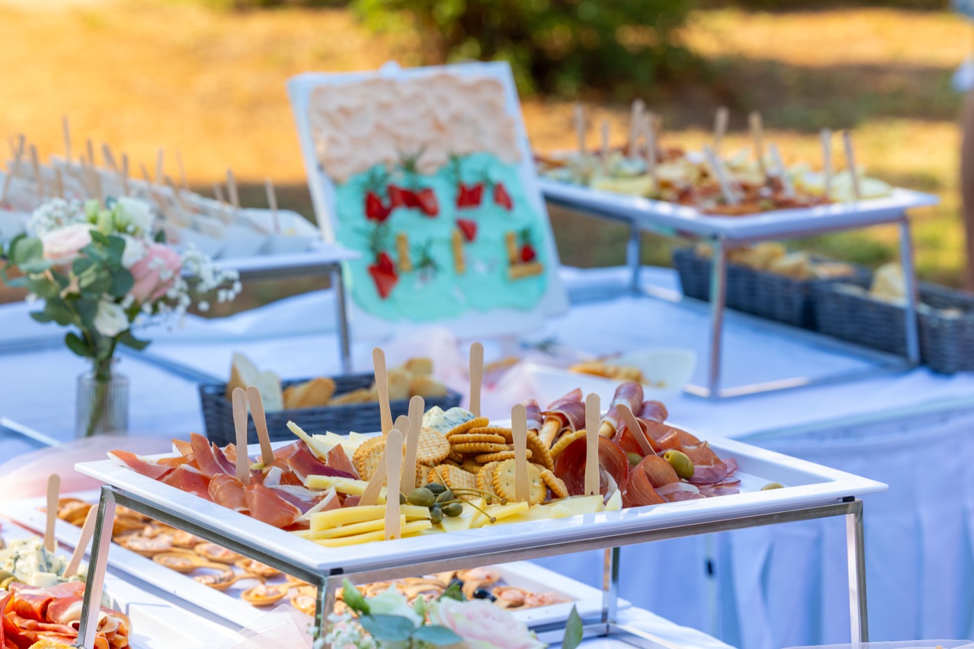 Charcuterie and cheese catering spread for a wedding reception